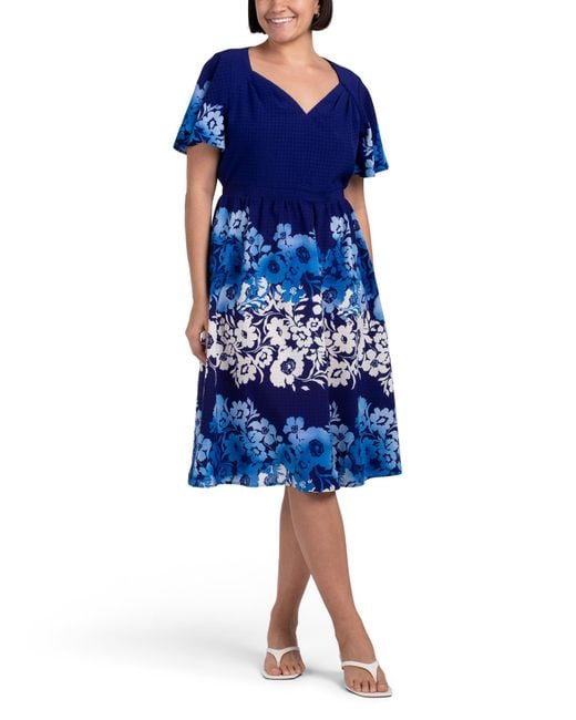 Tj Maxx Blue Flutter Sleeve Sweetheart Neck Tea Length Dress For Polyester