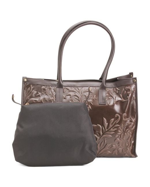 Tj Maxx Brown Leather Tooled Large Flower Tote