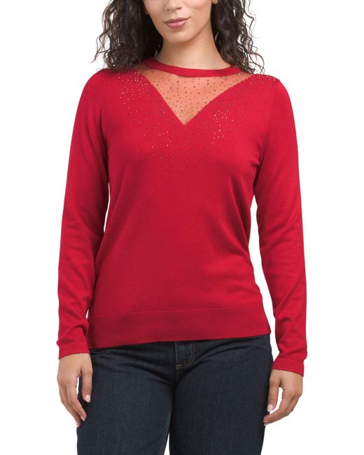 Tj Maxx Red Illusion Neck Long Sleeve Pull Over Sweater With Rhinestone Accent, Polyester/Rayon