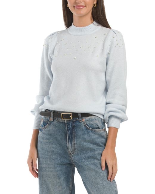 Tj Maxx Blue Puff Sleeve Mock Neck With Faux Pearls For Spandex/Polyester/Acrylic