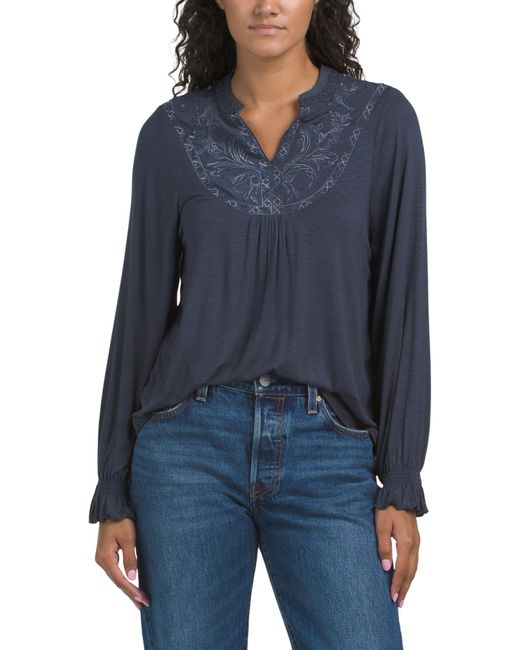 Tj Maxx Blue Mixed Media Top With Embroidered Yoke And Lantern Sleeve For Spandex/Rayon