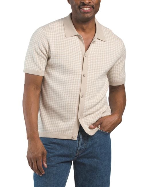 Tj Maxx Natural Short Sleeve Button Up Houndstooth Shirt For Cotton for men