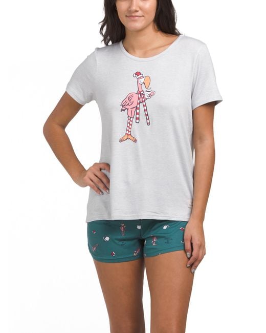 Tj Maxx White 2Pc Holiday Flamingo Top And Shorts Set For Spandex/Polyester
