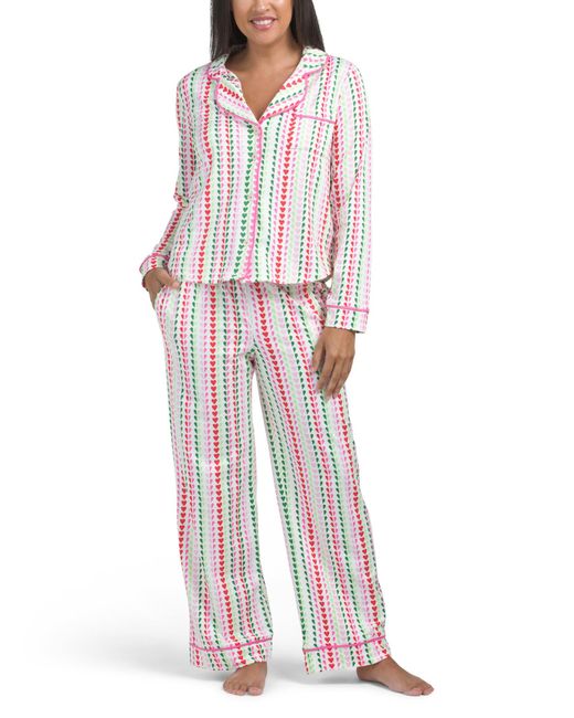 Tj Maxx White 2Pc Heart Striped Long Sleeve Pajama Set For Spandex/Polyester