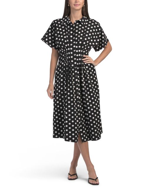 Tj Maxx Black Short Sleeve Pleated Waist Polka Dot Maxi Dress For Cotton