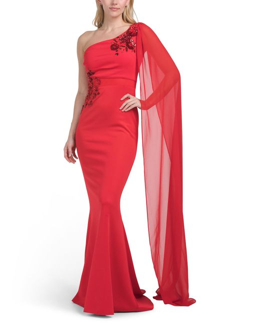 Tj Maxx Red One Shoulder Floral Embellished Gown For Polyester