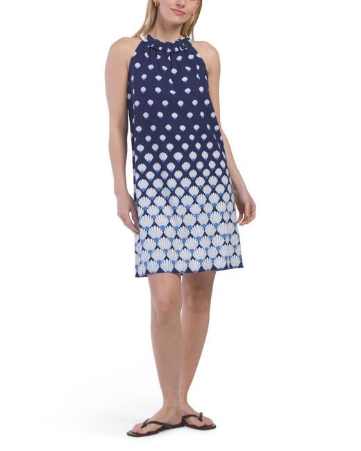 Tj Maxx Blue Linen Blend Ombre Shell Print Mini Dress For Linen/Rayon