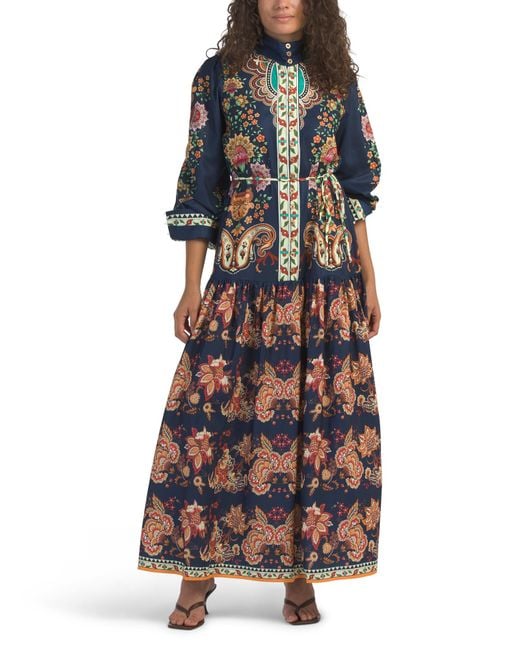 Tj Maxx Blue Long Sleeve Mock Neck Paisley Print Maxi Dress For Spandex/Polyester