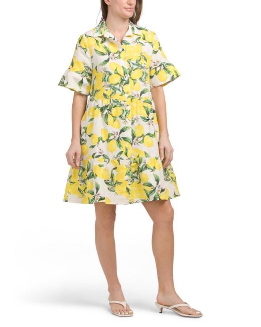 Tj Maxx Yellow Linen Blend Short Sleeve Lemon Print Mini Shirt Dress For Cotton/Linen