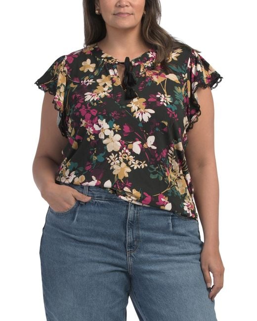 Tj Maxx Blue Plus Lace Trim Short Sleeve Blouse For Spandex/Polyester