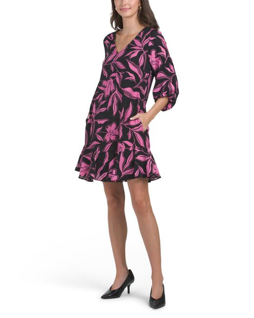 Tj Maxx Red V-Neck Three-Quarter Sleeve Flounce Mini Shift Dress For Nylon/Polyester/Rayon