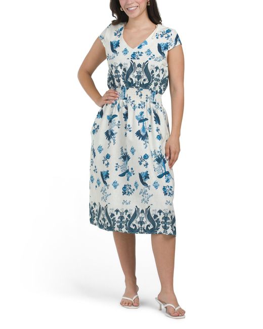 Tj Maxx Blue Linen Blend Short Sleeve Ruched Waist Dress For Cotton/Linen