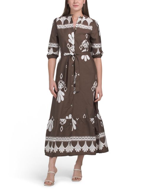 Tj Maxx Brown Long Sleeve Border Print Maxi Dress With Belt For Cotton