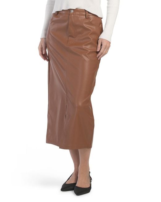 Tj Maxx Brown Stretchy Faux Leather Midi Skirt With Front Slit And Pockets, Polyester/Leather