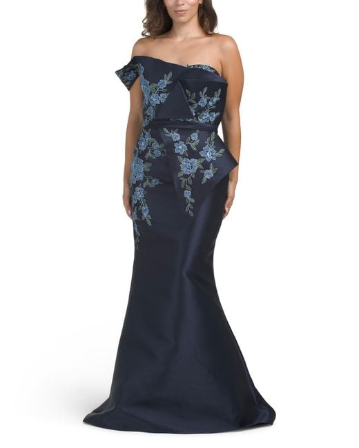 Tj Maxx Blue One Shoulder Embroidered Floral Applique Gown For Polyester