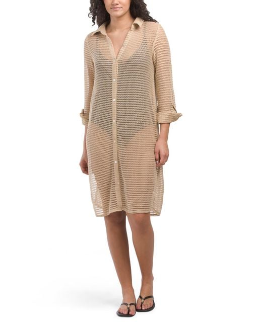 Tj Maxx Natural Long Sleeve Button Front Crochet Cover-Up Tunic For Spandex/Polyester