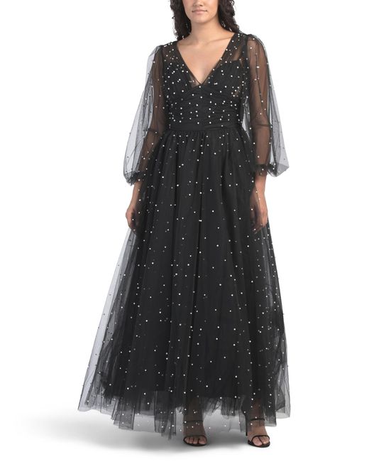 Tj Maxx Black Long Sleeve Pearl Beaded Gown For Polyester