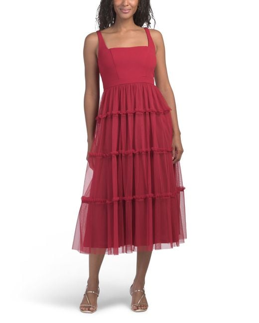Tj Maxx Red Sleeveless Tulle Tea Length Dress For Polyester