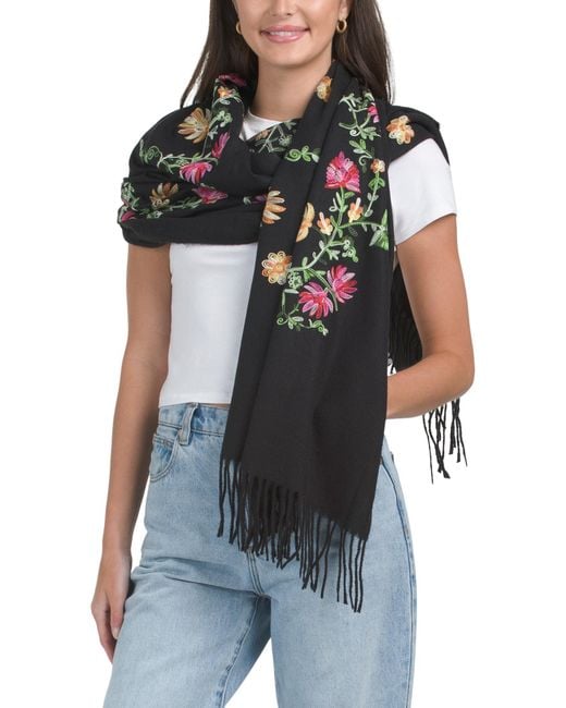 Tj Maxx Black Embroidered Scarf With Fringe For Polyester