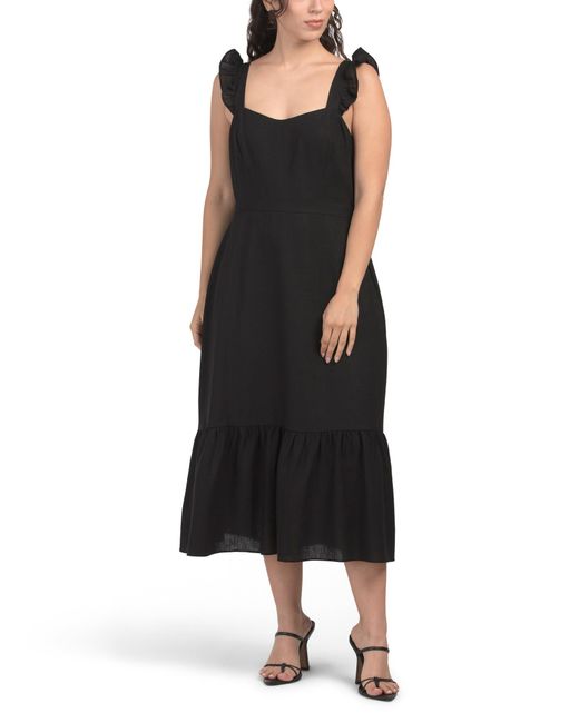 Tj Maxx Black Linen Blend Sweetheart Ruffle Midi Dress With Flounce Hem For Linen/Rayon