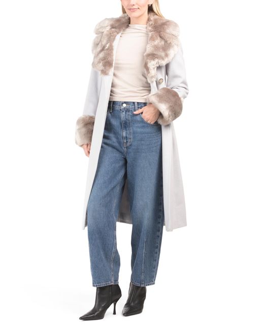 Tj Maxx Blue Wool Blend Belted Coat With Faux Fur Collar And Cuff, Polyester/Acrylic/Wool