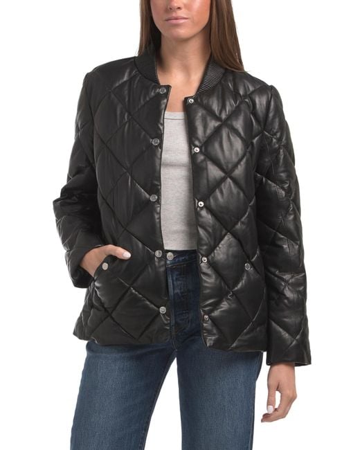 Tj Maxx Black Genuine Leather Quilted Puffer Jacket For Polyester/Leather