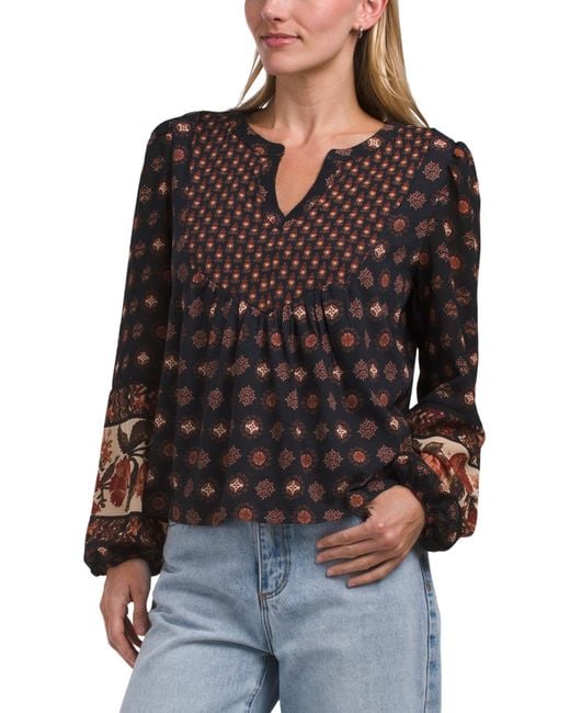 Tj Maxx Black Printed Split Neck Top For Cotton/Polyester