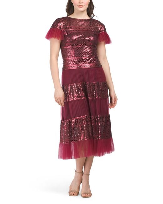 Tj Maxx Red Forry Patchwork Sequin And Tulle Tea Length Dress For Nylon/Polyester