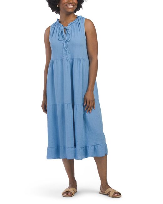 Tj Maxx Blue Linen Blend Solid Sleeveless Tiered Dress For Linen/Viscose