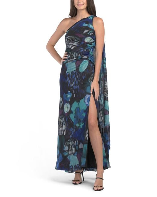Tj Maxx Blue Abby Printed One Shoulder Drama Dress For Polyester