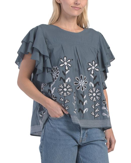 Tj Maxx Blue Embroidered Flutter Sleeve Top For Cotton