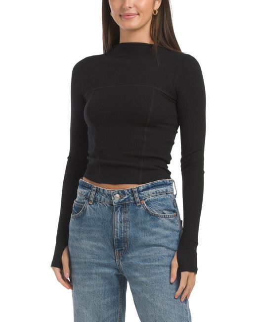 Tj Maxx Black Lounge Stretch Rib Knit Nahalll Long Sleeve Top For Nylon/Polyester/Viscose