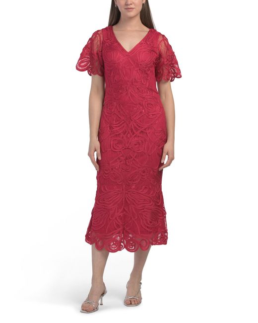 TJ Maxx Women's Red Flutter Sleeve Soutache Lace Cocktail Dress For Nylon/Polyester