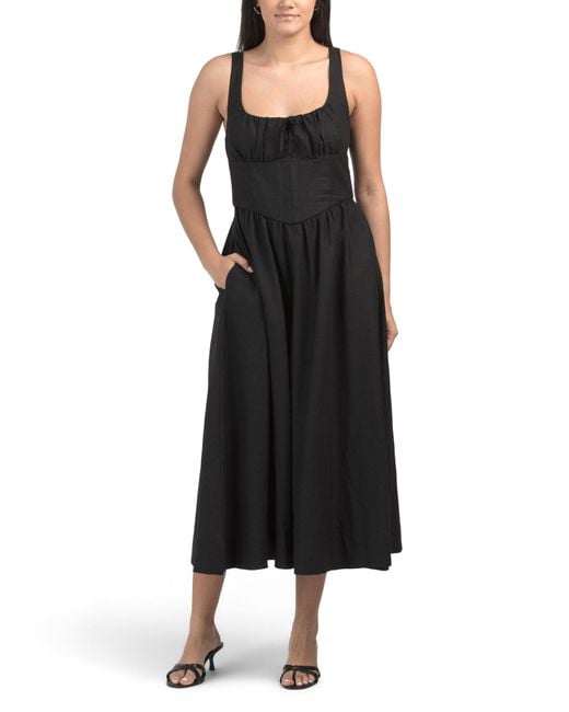 Tj Maxx Black Linen Blend Corset Detailed Midi Dress For Cotton/Polyester/Linen