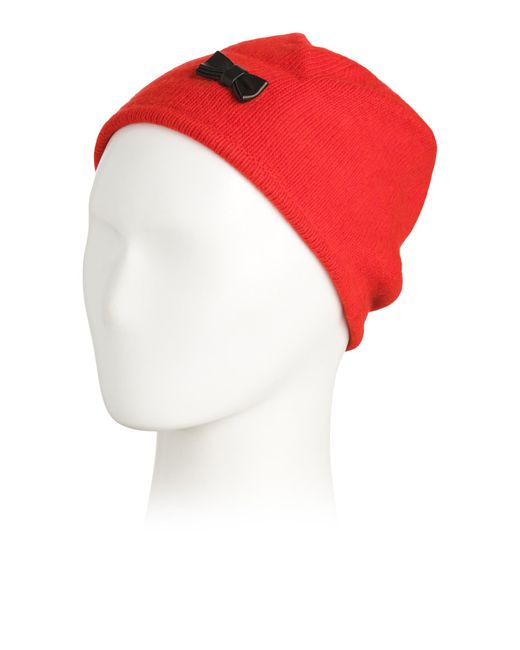 Tj Maxx Red Cashmere Beanie With Leather Bow Accent, Leather/Cashmere