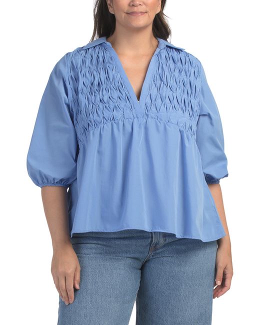 Tj Maxx Blue Plus Smocked Peplum Top For Cotton/Polyester