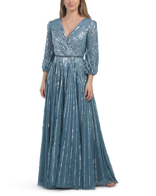 Tj Maxx Blue Three-Quarter Sleeve Sequin Gown For Polyester