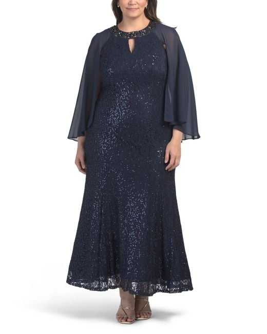 Tj Maxx Blue Plus Fit & Flare Cape Sleeve Gown For Nylon/Polyester/Rayon