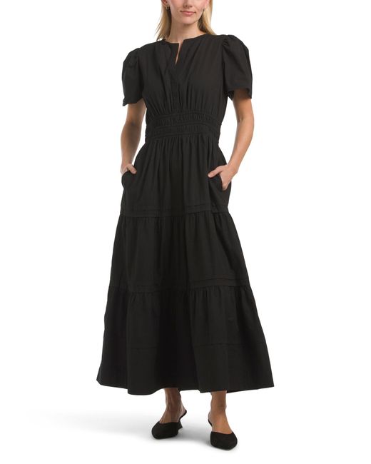 Tj Maxx Black Short Sleeve Ruched Waist Maxi Dress For Cotton