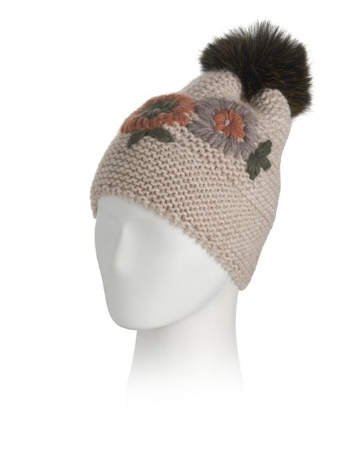 Tj Maxx White Embroidered Beanie Hat With Pom Accent For Acrylic/Wool/Viscose