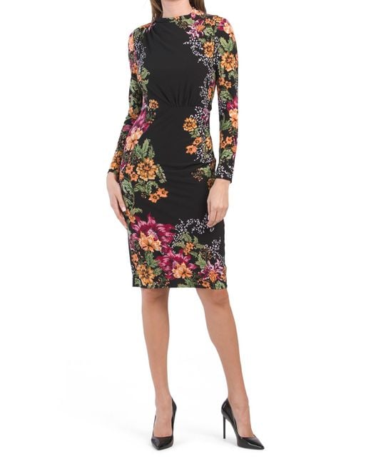 Tj Maxx Black Floral Border Print Midi Dress With Mock Neck For Spandex/Polyester