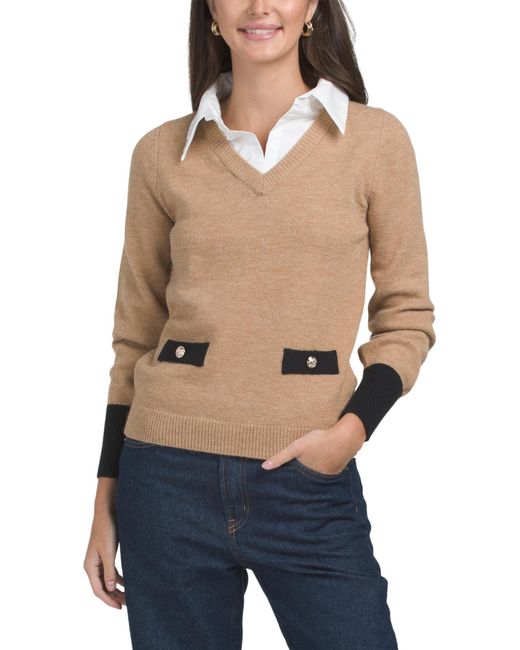 Tj Maxx Blue Long Sleeve Twofer Sweater With Contrast Cuffs For Polyester/Rayon