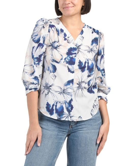 Tj Maxx Blue V-Neck Three-Quarter Sleeve Blouse For Polyester