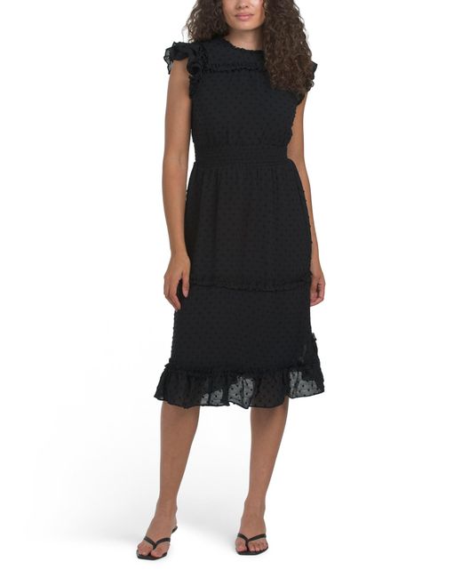 Tj Maxx Black Petite Flutter Sleeve Smocked Waist Midi Dress For Polyester