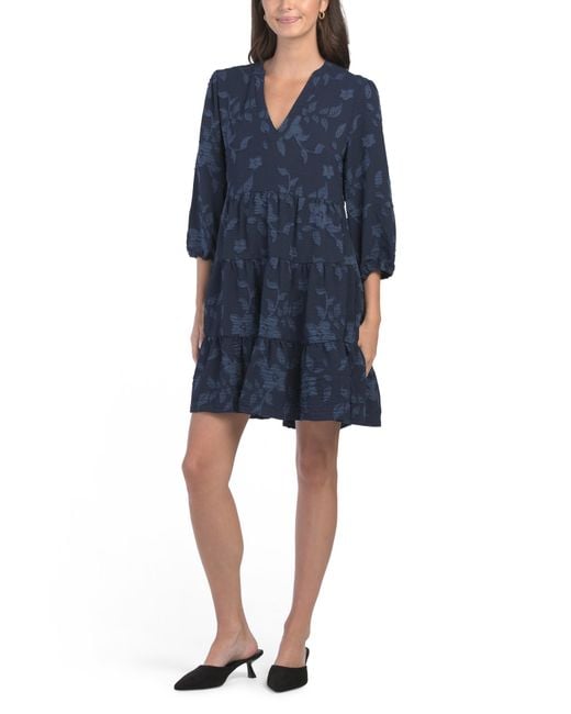 Tj Maxx Blue Bubble Sleeve Tiered Mini Dress For Polyester