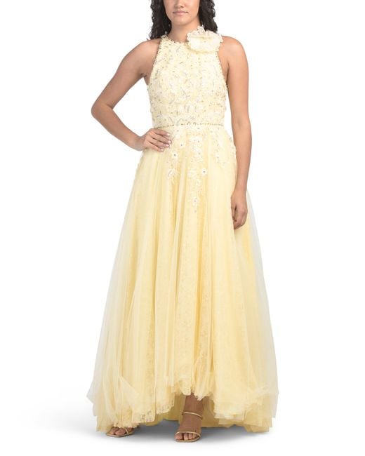 Tj Maxx Yellow Sleeveless 3D Floral Embellished Gown For Polyester