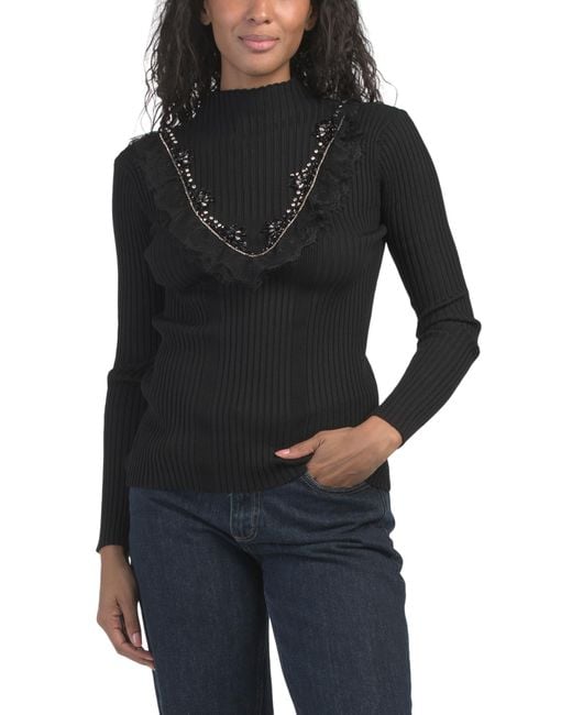 Tj Maxx Black Ribbed Sweater With Lace Detailing, Cotton/Polyester
