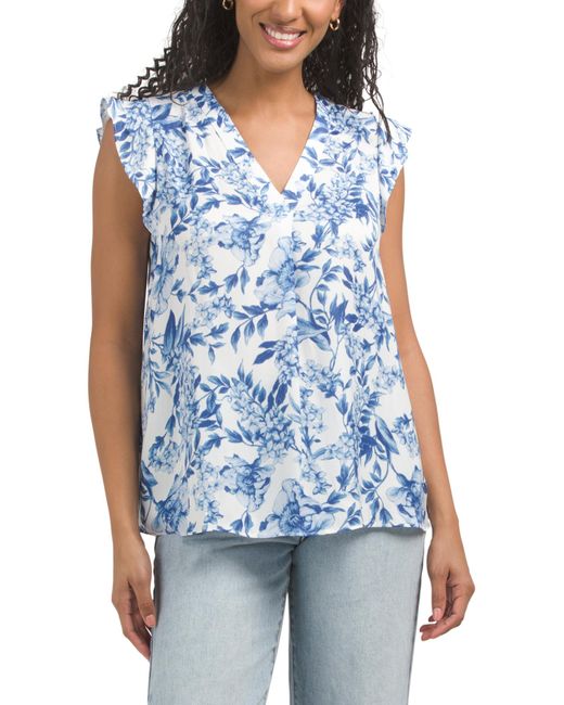 Tj Maxx Blue Airflow V-Neck Flounce Sleeve Printed Blouse For Polyester