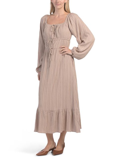 Tj Maxx Natural Square Neck Textured Midi Dress With Front Ribbon Tie For Nylon/Rayon