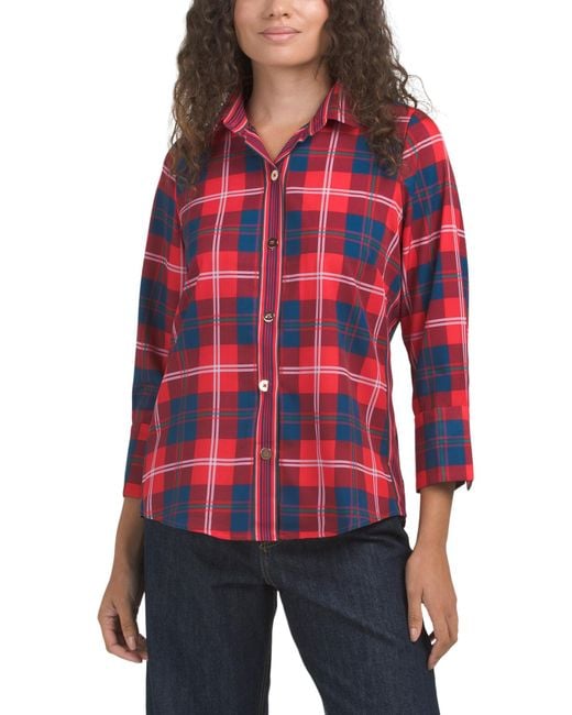 Tj Maxx Red Plaid Button Up Shirt For Spandex/Polyester